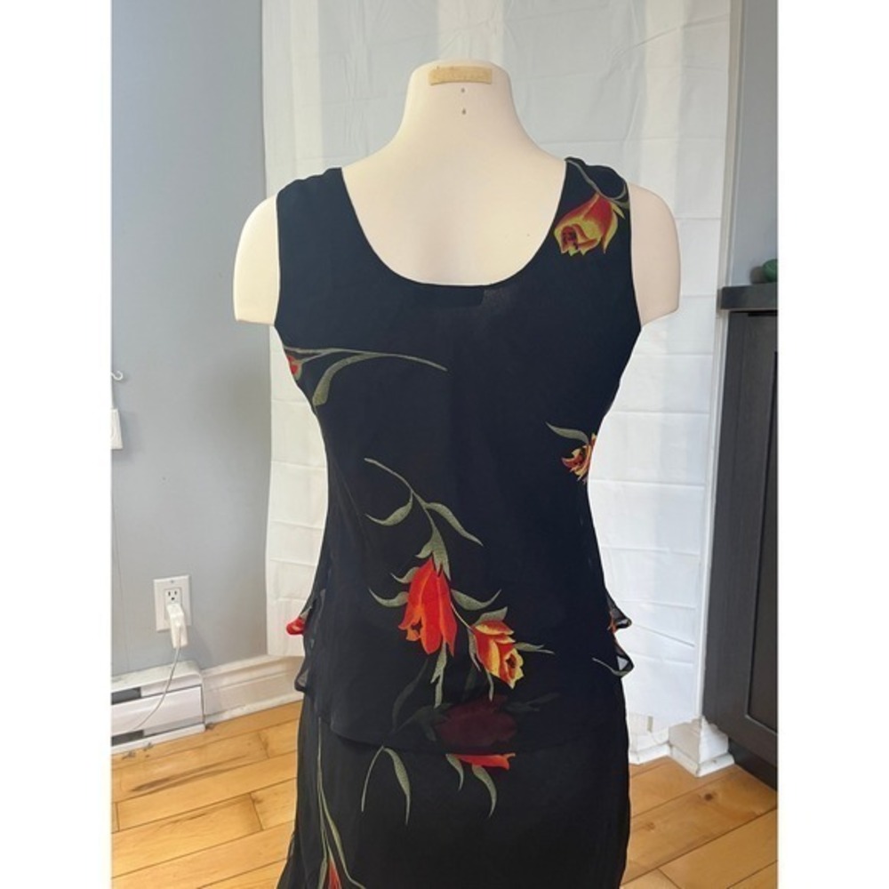 Nikky Vintage Floral Chiffon Maxi Dress Ruffle Tiered Black Red Orange - Picture 5 of 11